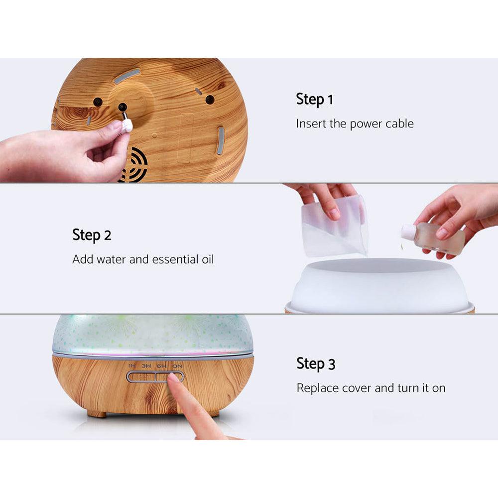 Devanti 400ml 3D Glass Aroma Diffuser – Aromatherapy Humidifier & Air Purifier - Mega Pet Store