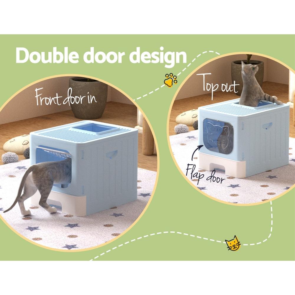 i.Pet Cat Litter Box Large Tray Kitty Toilet Enclosed Hooded Foldable Scoop Blue - Mega Pet Store