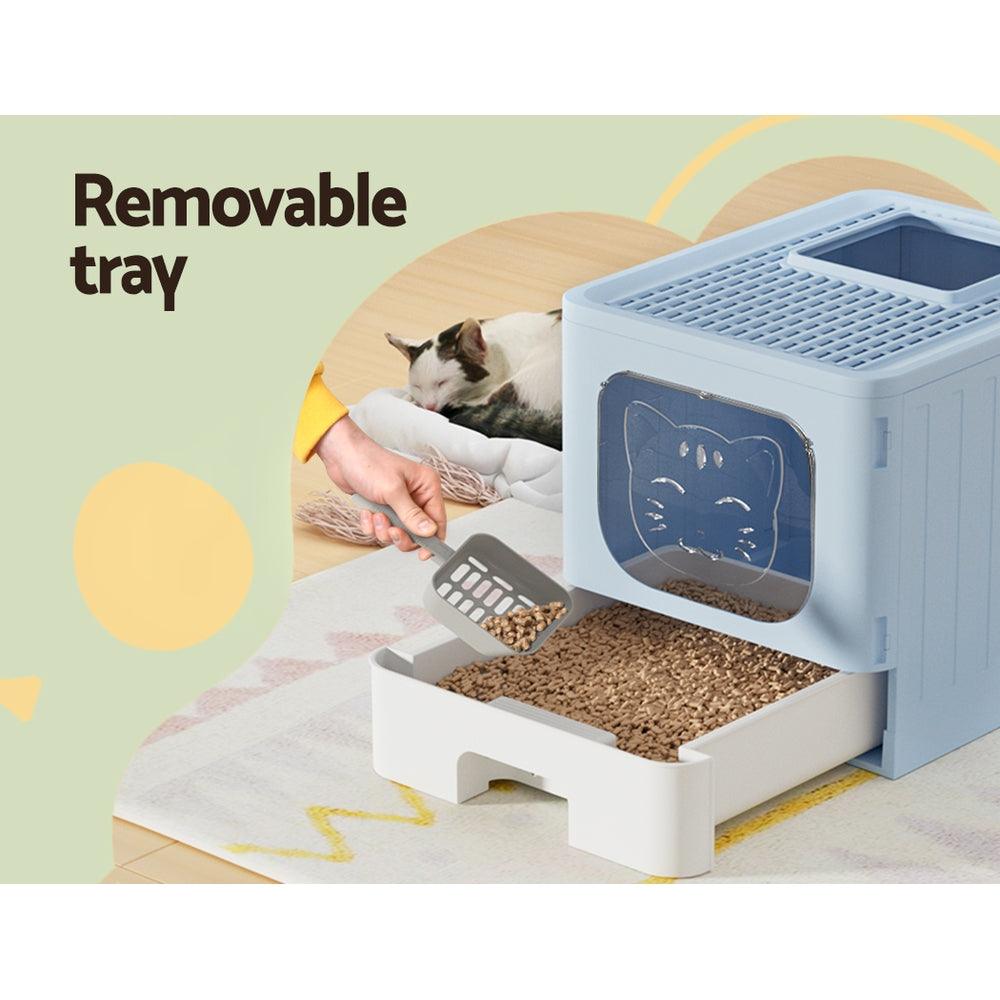 i.Pet Cat Litter Box Large Tray Kitty Toilet Enclosed Hooded Foldable Scoop Blue - Mega Pet Store