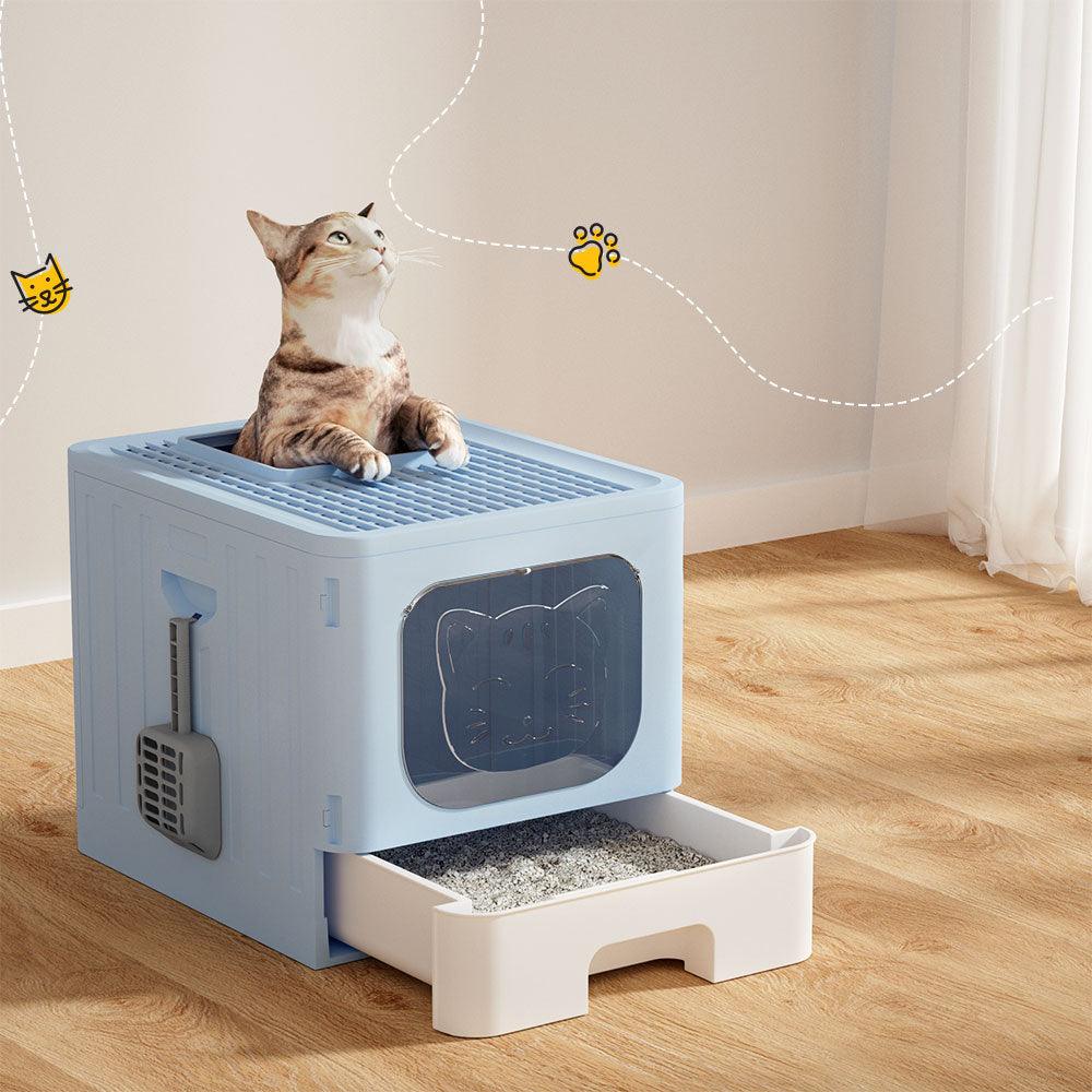 i.Pet Cat Litter Box Large Tray Kitty Toilet Enclosed Hooded Foldable Scoop Blue - Mega Pet Store