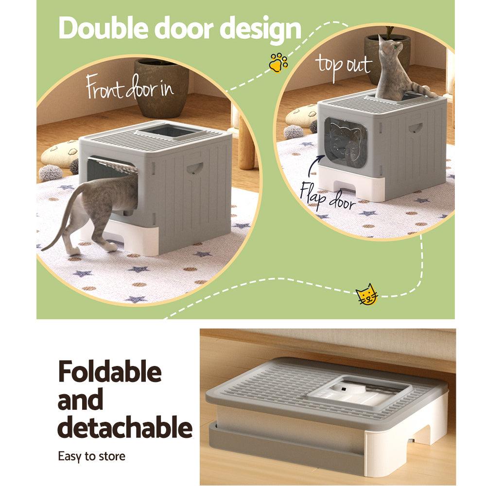 i.Pet Cat Litter Box Large Tray Kitty Toilet Enclosed Hooded Foldable Scoop Grey - Mega Pet Store