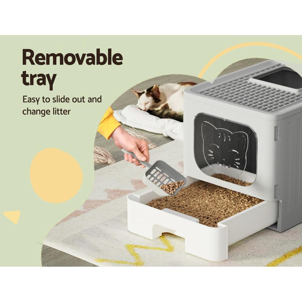i.Pet Cat Litter Box Large Tray Kitty Toilet Enclosed Hooded Foldable Scoop Grey - Mega Pet Store