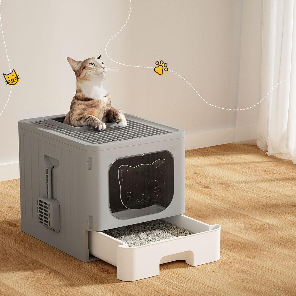 i.Pet Cat Litter Box Large Tray Kitty Toilet Enclosed Hooded Foldable Scoop Grey - Mega Pet Store
