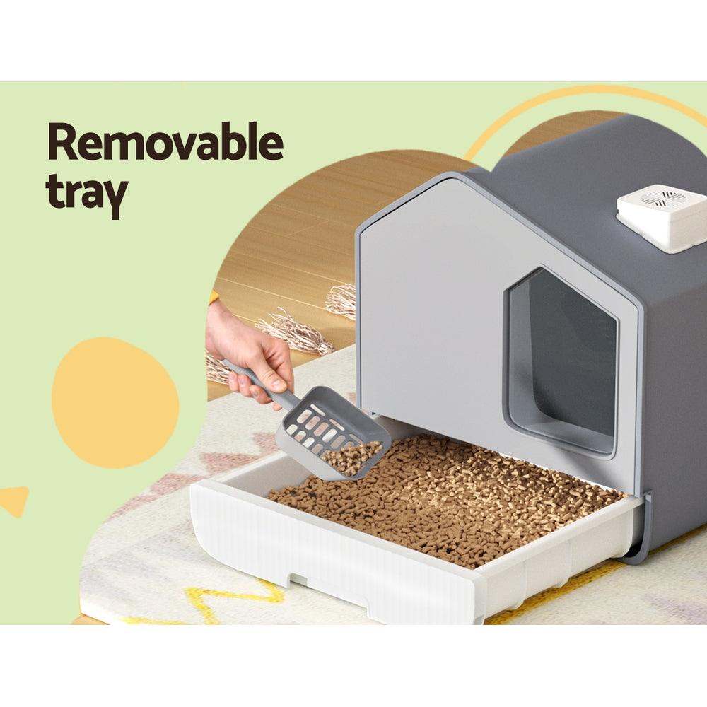 i.Pet Cat Litter Box Large Tray Kitty Toilet Fully Enclosed House Hooded Scoop Mat Grey - Mega Pet Store