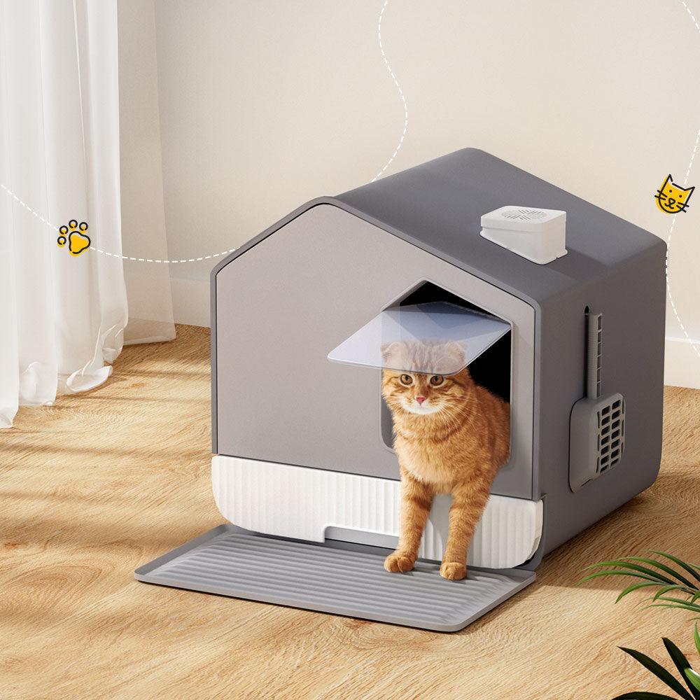 i.Pet Cat Litter Box Large Tray Kitty Toilet Fully Enclosed House Hooded Scoop Mat Grey - Mega Pet Store