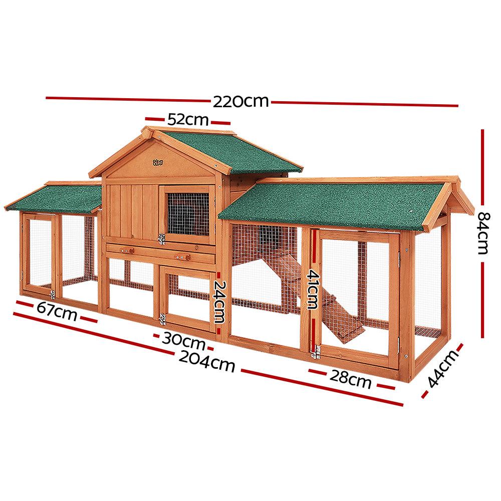 i.Pet Chicken Coop Rabbit Hutch 220cm x 44cm x 84cm Large Run Wooden Outdoor Bunny Cage House - Mega Pet Store