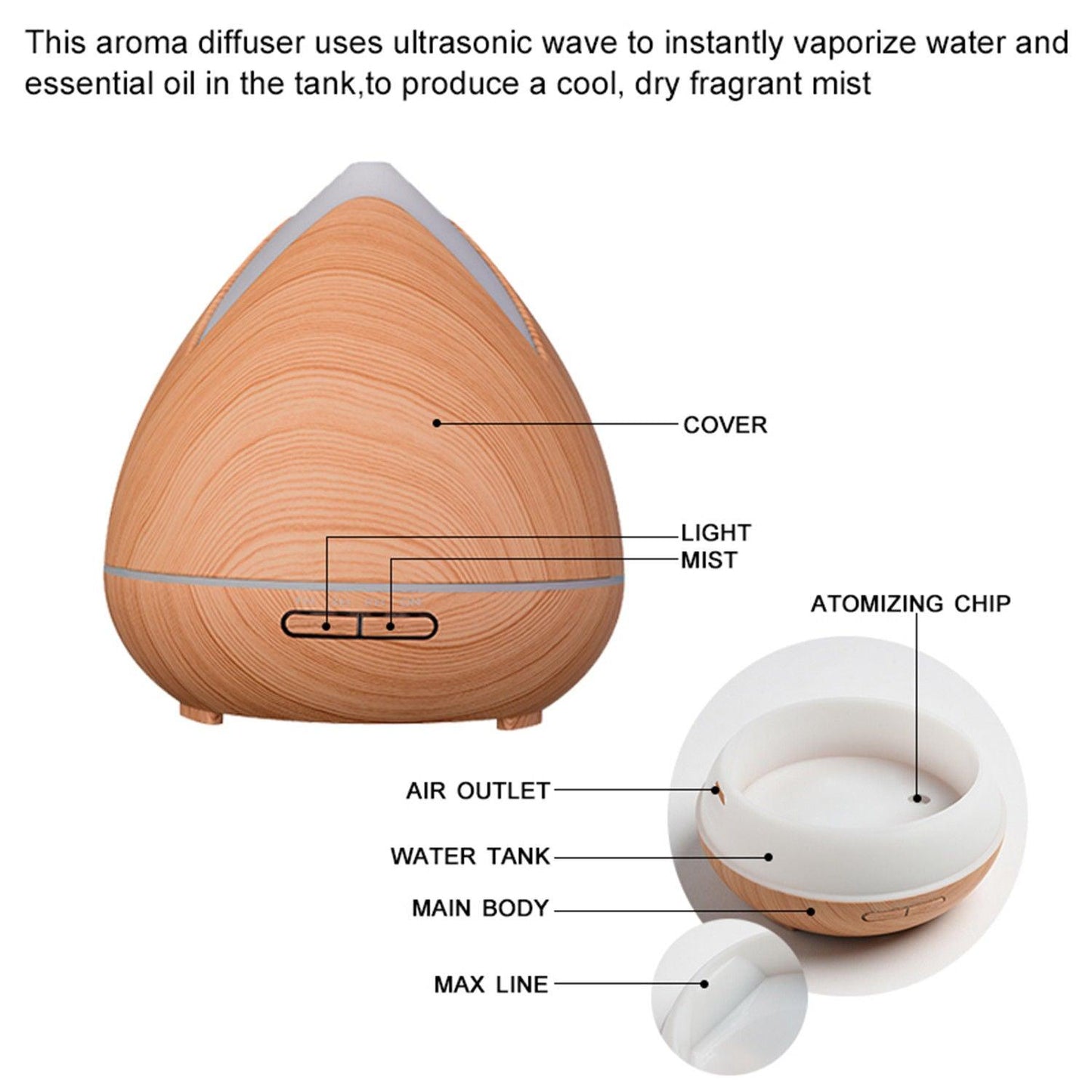 Essential Oils Ultrasonic Aromatherapy Diffuser Air Humidifier Purify 400ML - Light Wood - Mega Pet Store