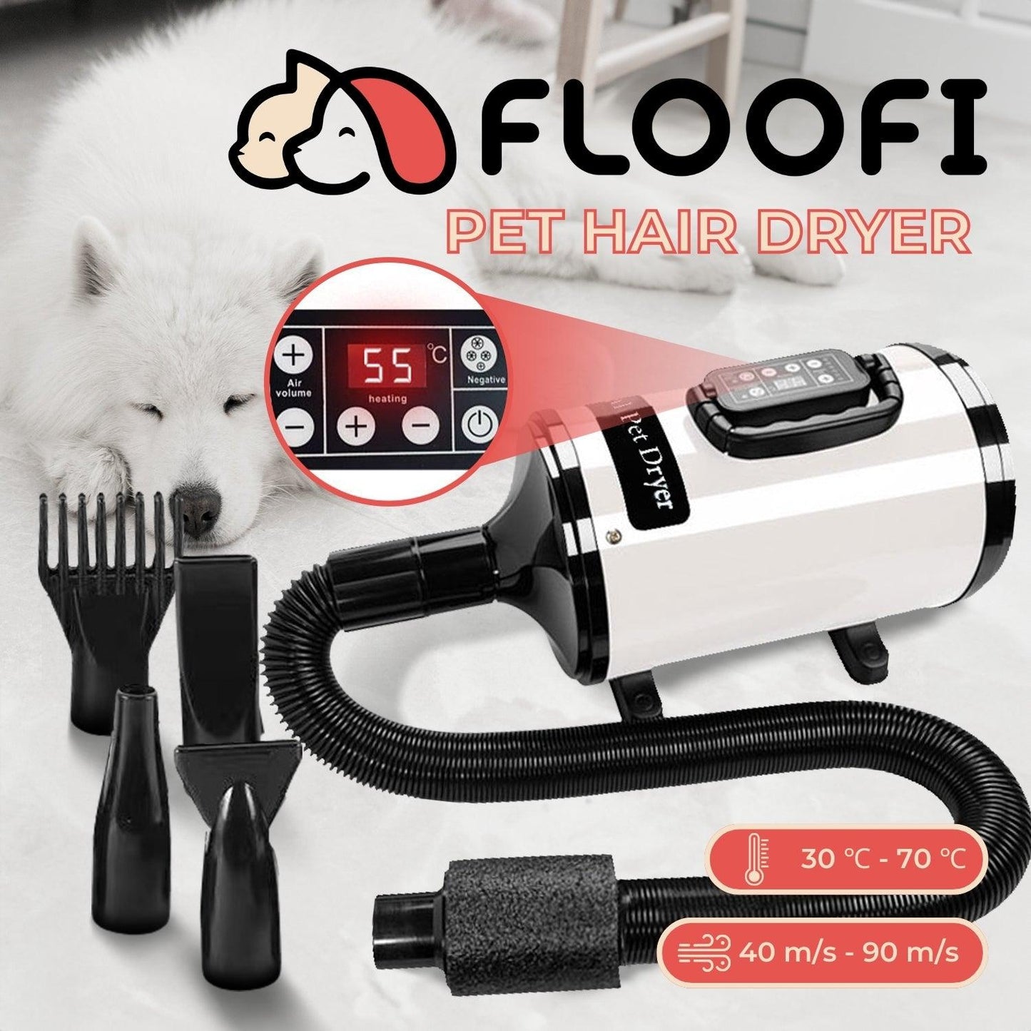 Floofi Pet Hair Dryer LCD (White) FI-PHD-113-DY - Mega Pet Store