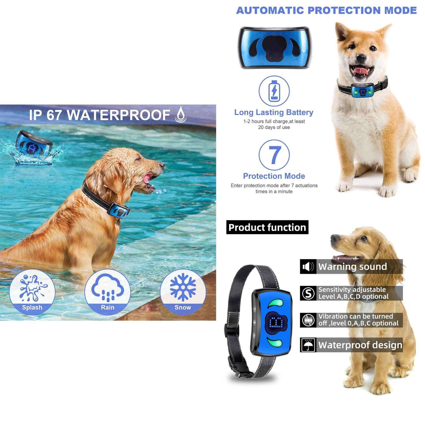 Dog Bark Collar - Vibration Magnetic Charging Waterproof Smart Barking Detection - Mega Pet Store