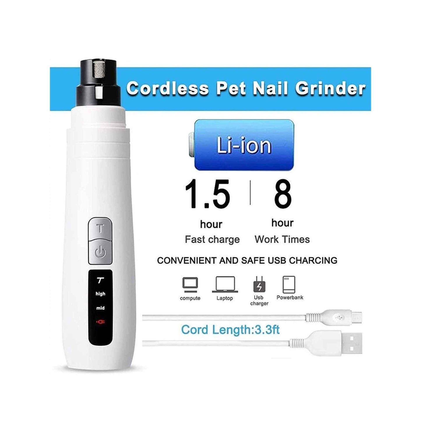 Pet Nail Grinder Dog Cat Electric Trimmer Turbo USB Rechargeable Claw Filer N9 - Mega Pet Store