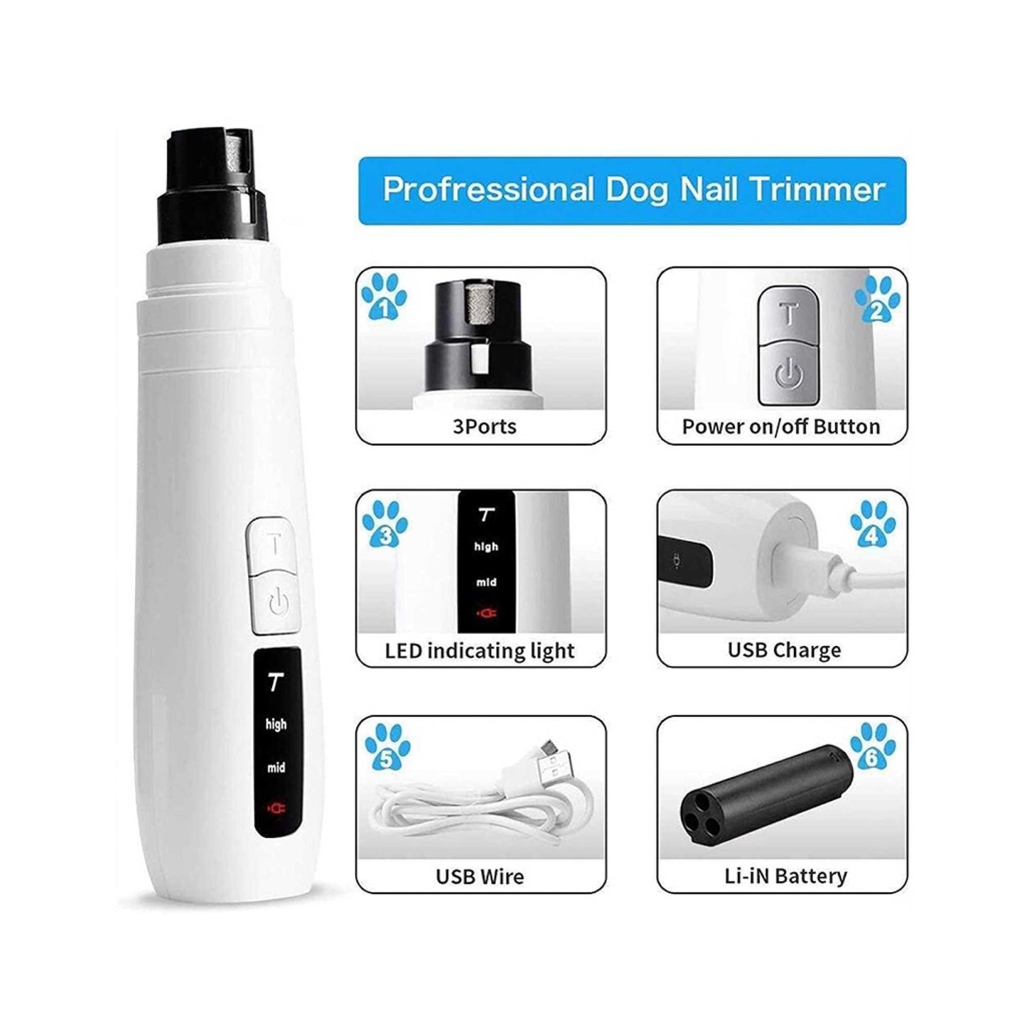 Pet Nail Grinder Dog Cat Electric Trimmer Turbo USB Rechargeable Claw Filer N9 - Mega Pet Store