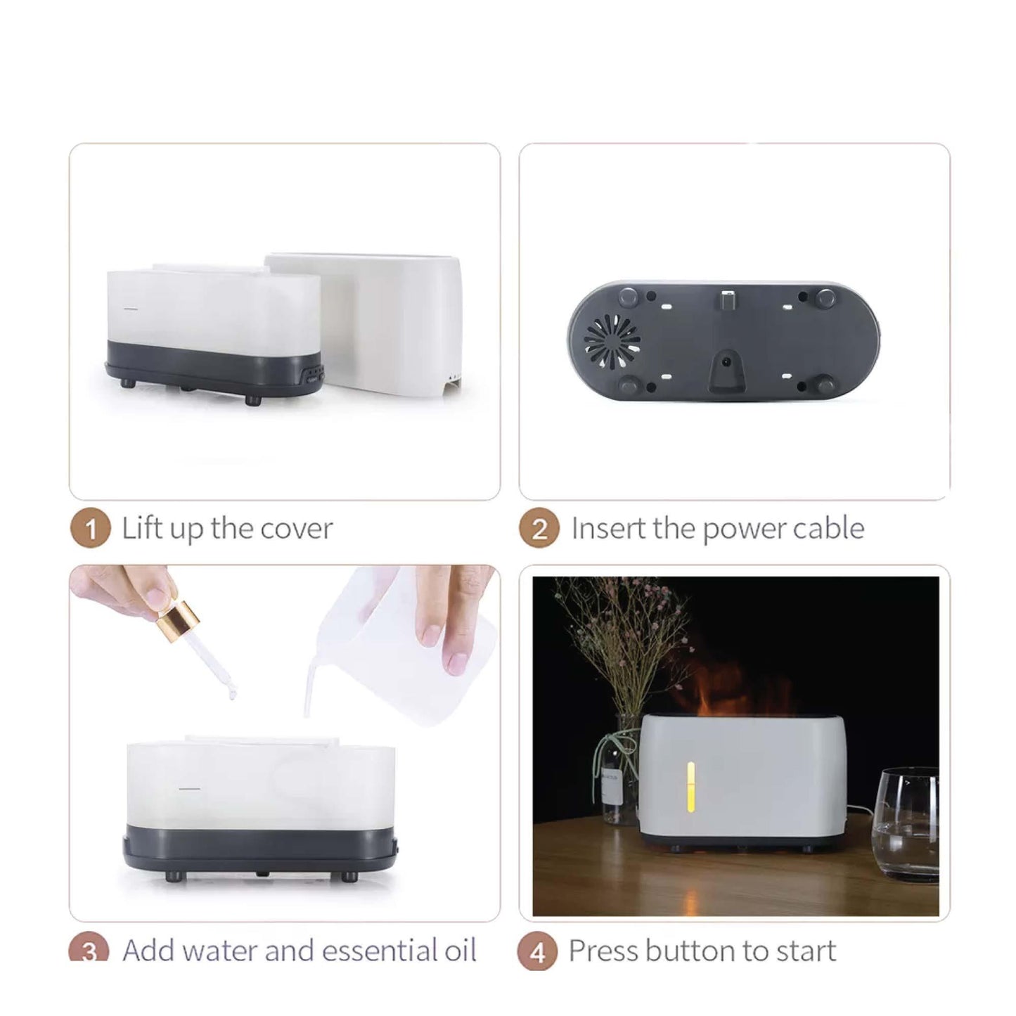 Essential Oil Aroma Diffuser and Remote - Grey 240ml Flame Fire Style Air Humidifier - Mega Pet Store