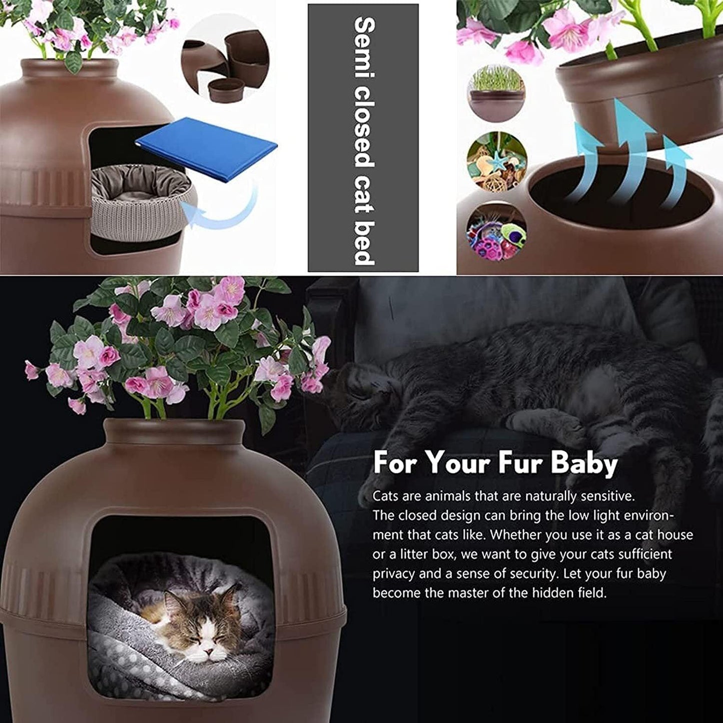 YES4PETS Multifunctional Cat Litter Box Pet Cat House Semi-Enclosed Brown - Mega Pet Store