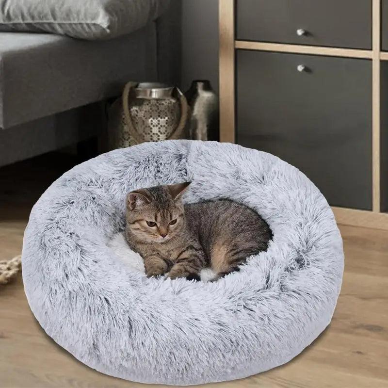 Medium-50cm cream PawfectFriend Dog Pet Cat Calming Bed Plush Beds Large Fluffy Donut Comfy Cushion Puppy Mat - Mega Pet Store