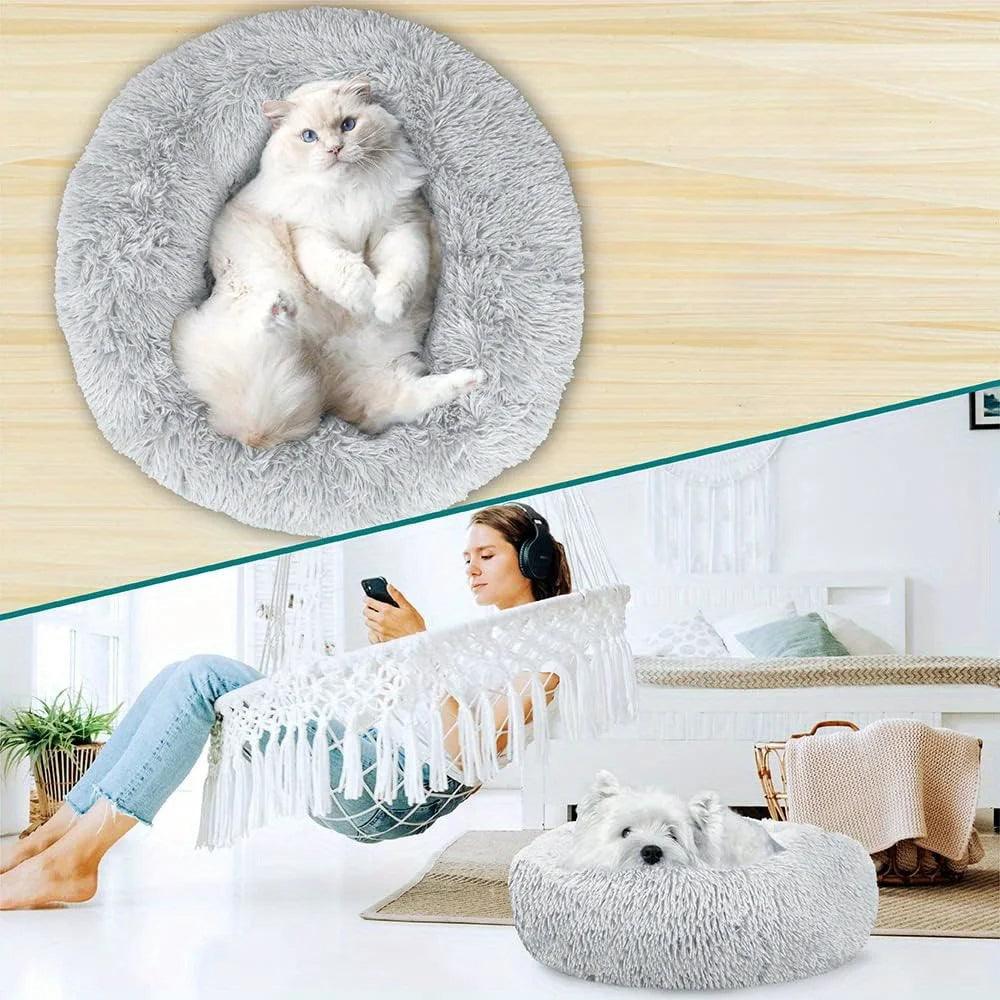 Large-60cm Dark Gray PawfectFriend Dog Pet Cat Calming Bed Plush Beds Large Fluffy Donut Comfy Cushion Puppy Mat - Mega Pet Store