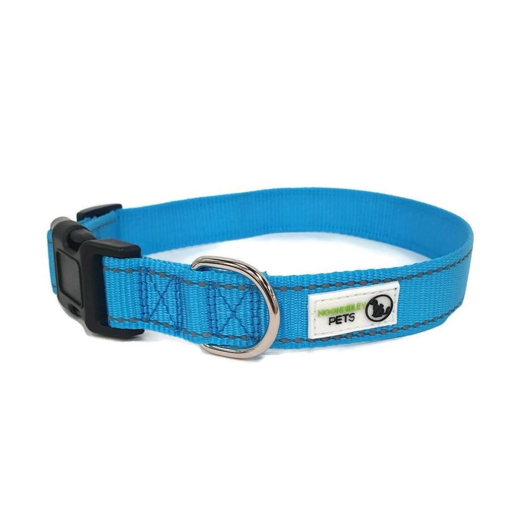 Nylon w/Reflective Stitching Dog Collar Medium Light Blue - Moondidley Pets - Mega Pet Store