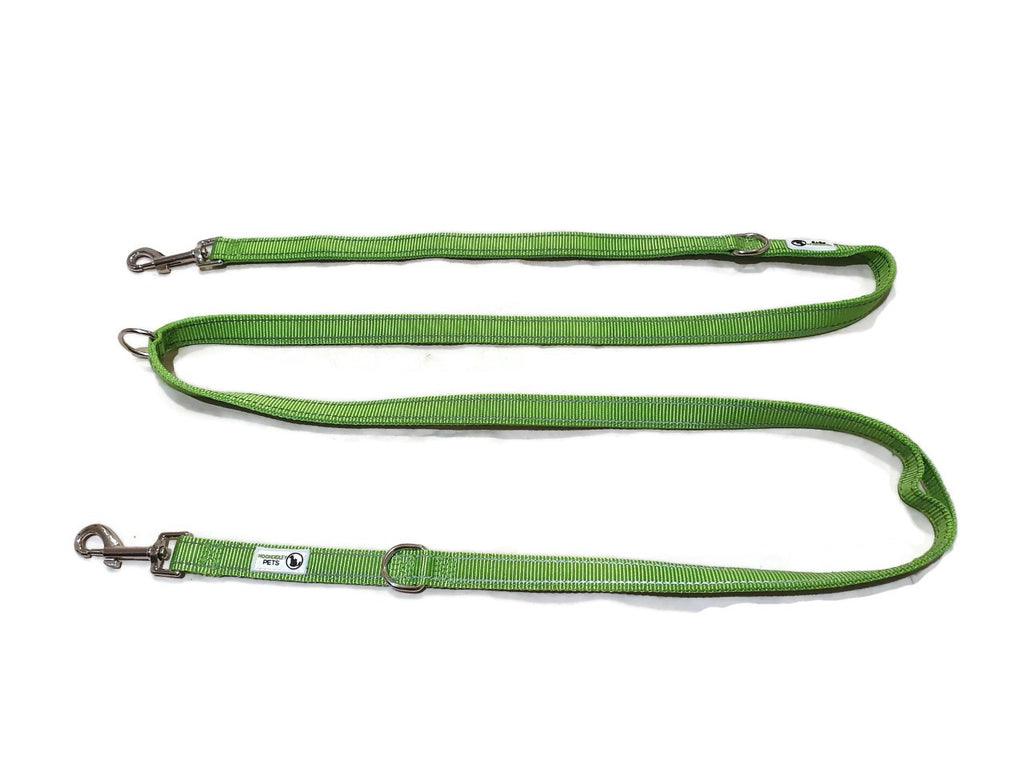 Multi Dog Lead - Nylon w/Reflective Stitching - Double Clip ,Coupler, Waist Belt, Short/Long, Quicktie - Moondidley Pets 20mm Green - Mega Pet Store