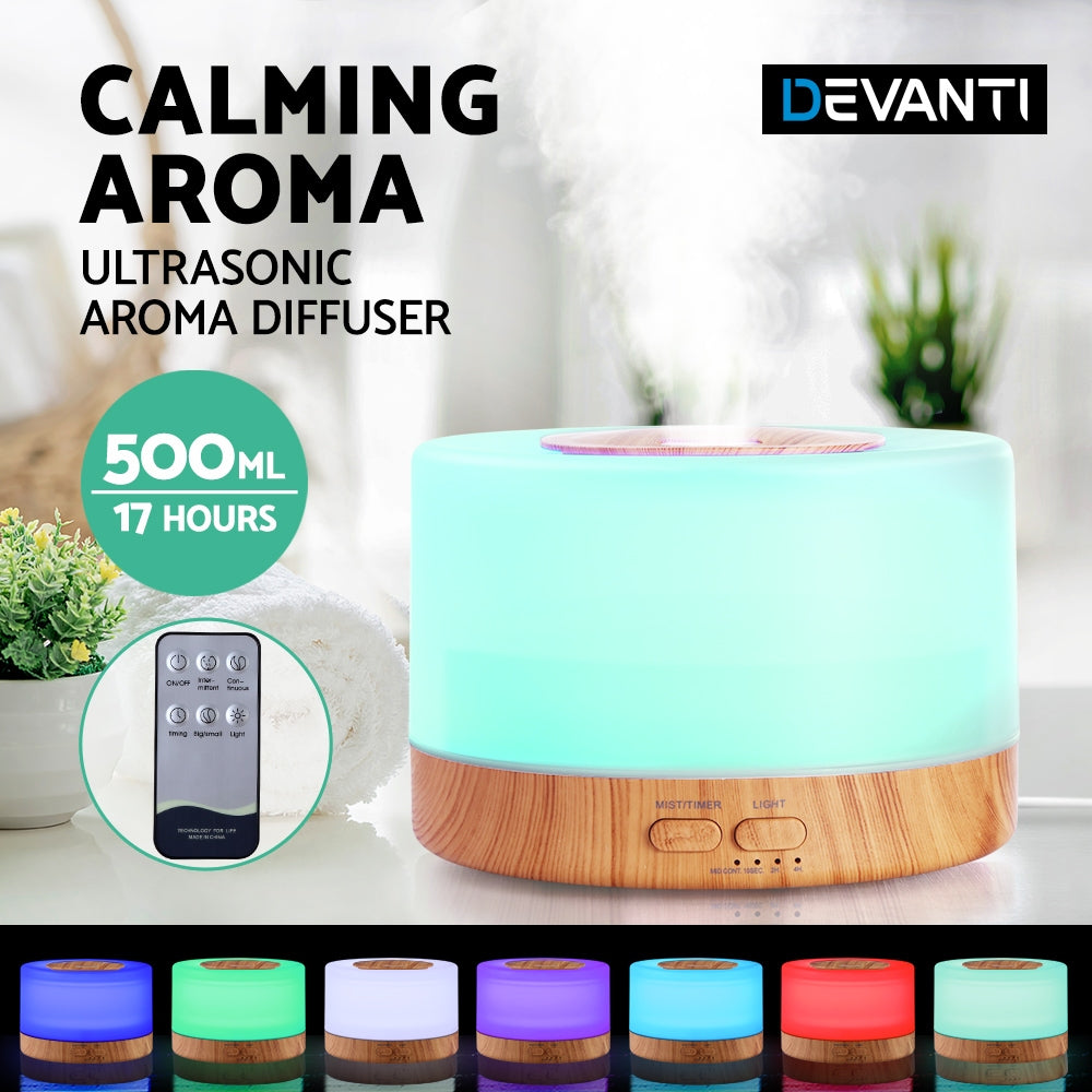 Devanti 500ml Light Wood Aroma Diffuser – Aromatherapy Humidifier & Air Purifier