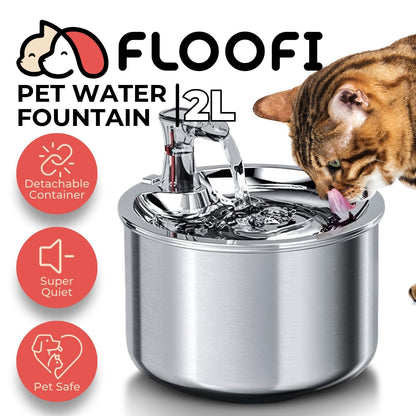 FLOOFI 2L Stainless Steel Pet Water Fountain for Cats and Small Dogs