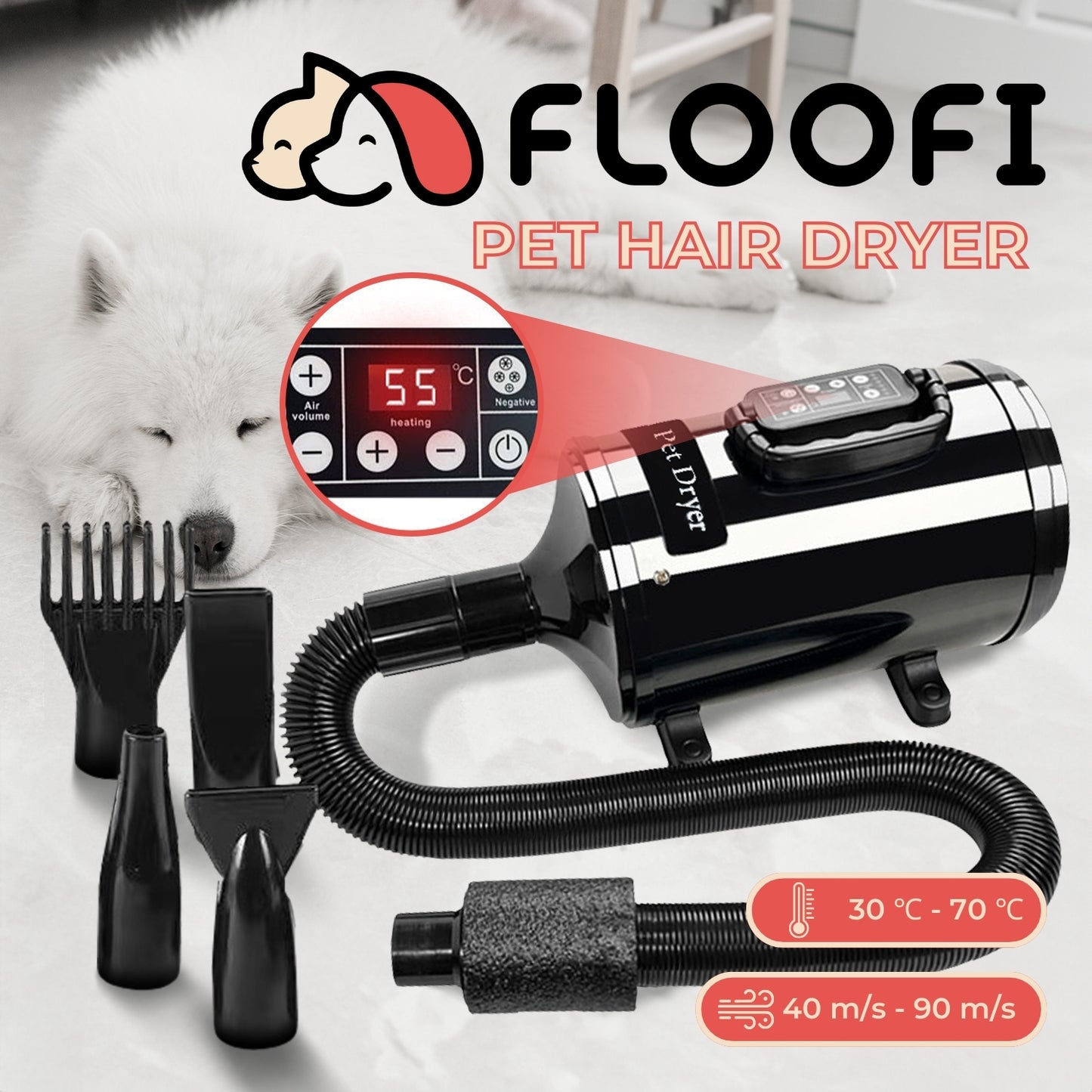 Floofi Pet Hair Dryer LCD (Black) FI-PHD-112-DY - Mega Pet Store