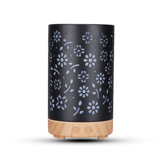 GOMINIMO LED Aromatherapy Essential Oil Diffuser 100ml Metal Cover Floral Design with Light Wood Base - Mega Pet Store