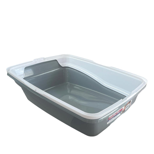 Cat Litter Tray Plastic 48x38.5x12cm Non Spill Mess Guard Rim Grey White Kitty Pan - Mega Pet Store