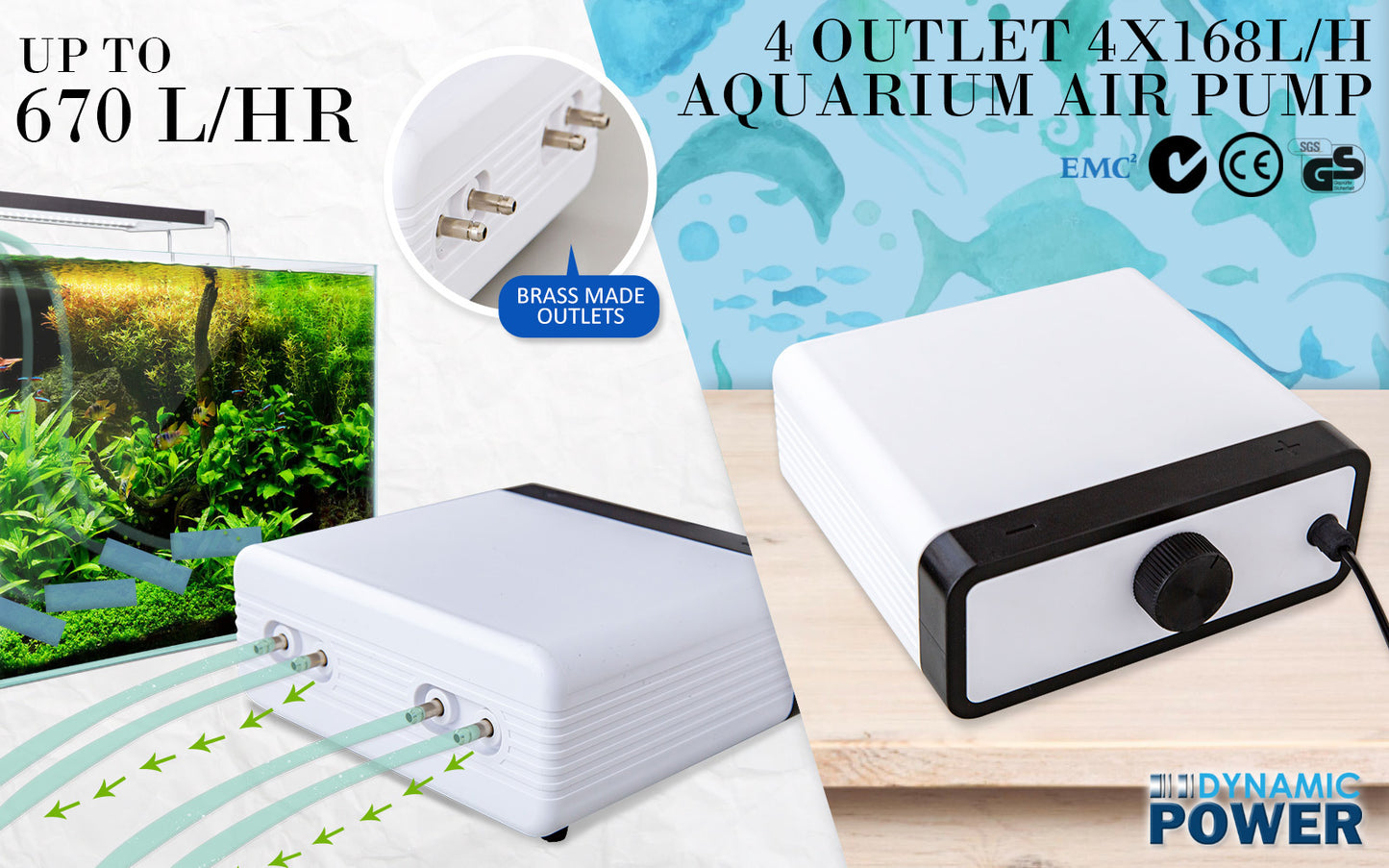 Aquarium Air Pump Oxygen Hydroponic 4 Outlet 670L/H 8W WHITE