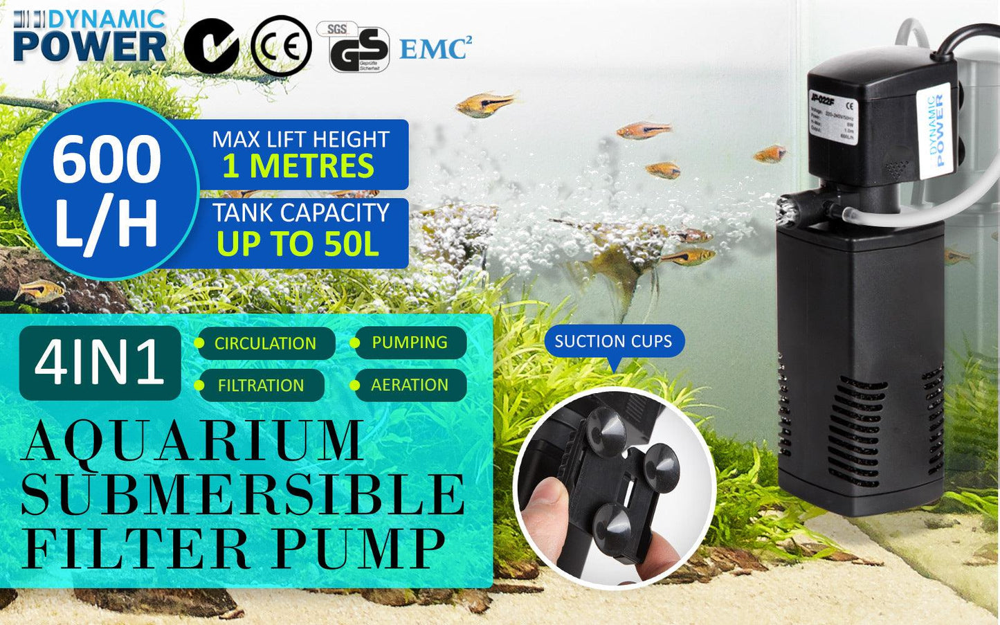 Aquarium Submersible Filter Pond Pump 600L/H 8W 1m - Mega Pet Store