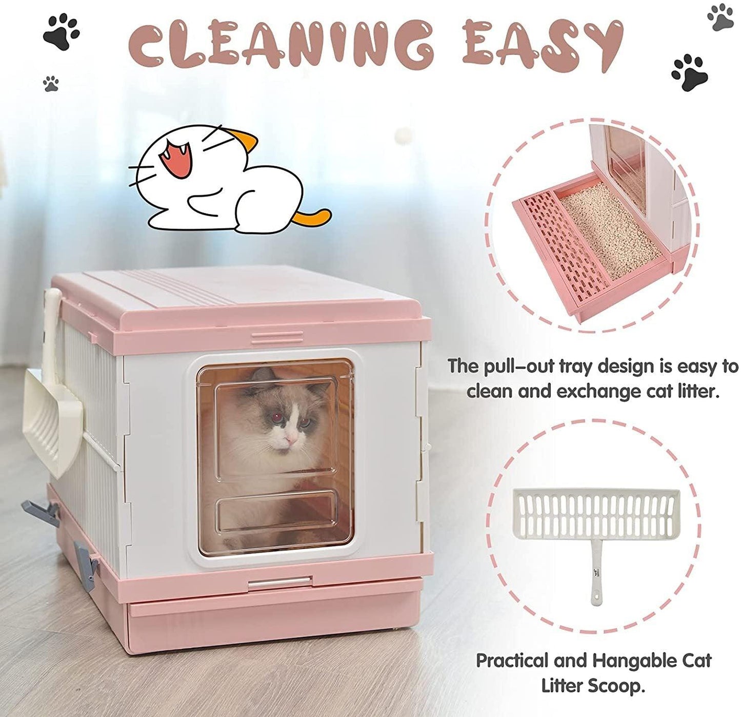 YES4PETS XL Portable Cat Toilet Litter Box Tray Foldable House with Handle and Scoop Pink - Mega Pet Store