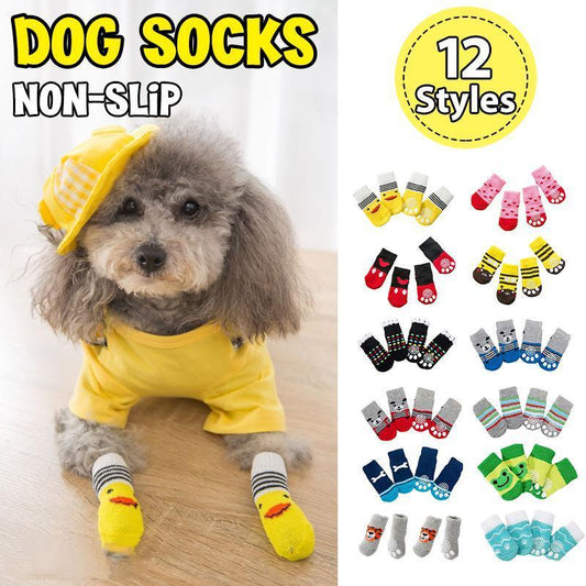 Non Slip Pet Socks for Dogs and Cats Knitted Paw Protector with Grips L Size - Red bear