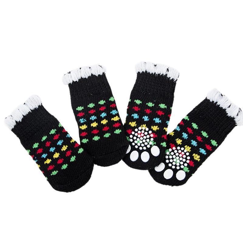 Non Slip Pet Socks for Dogs and Cats Knitted Paw Protector with Grips L Size - Grey stripes