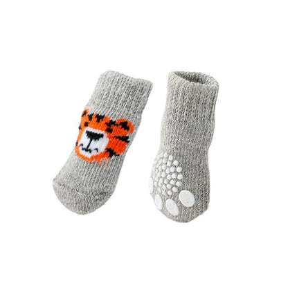 Non Slip Pet Socks for Dogs and Cats Knitted Paw Protector with Grips L Size - Grey stripes