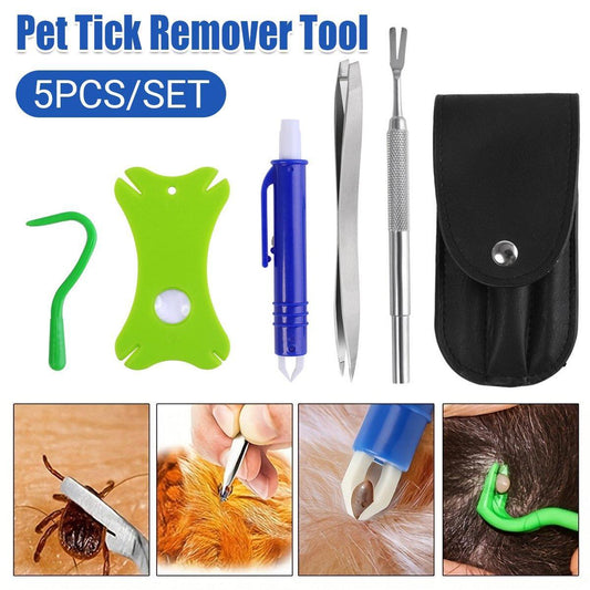 5PCS Pet Flea Tick Removal Tool Set Dog Cat Lice Fork Tweezers Kit Silver Hook