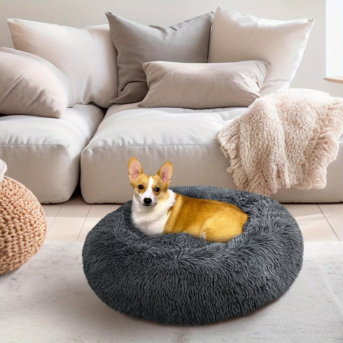 Medium-50cm light-grey PawfectFriend Dog Pet Cat Calming Bed Plush Beds Large Fluffy Donut Comfy Cushion Puppy Mat