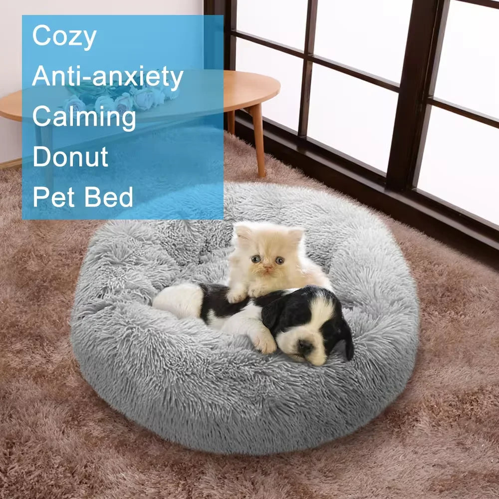 Large-60cm cream PawfectFriend Dog Pet Cat Calming Bed Plush Beds Large Fluffy Donut Comfy Cushion Puppy Mat