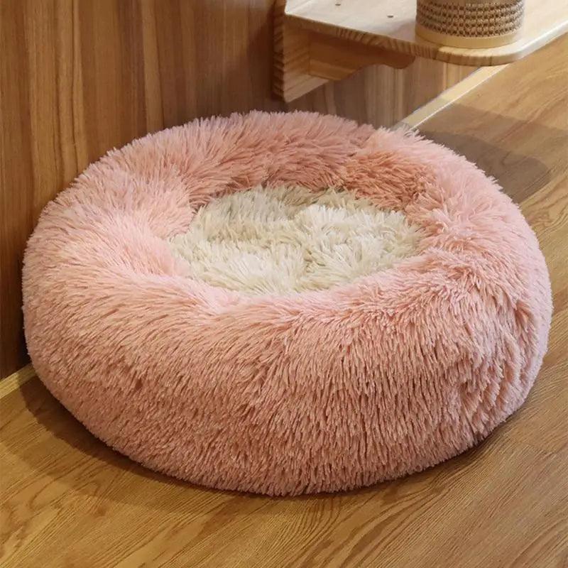 Large-60cm peach PawfectFriend Dog Pet Cat Calming Bed Plush Beds Large Fluffy Donut Comfy Cushion Puppy Mat - Mega Pet Store