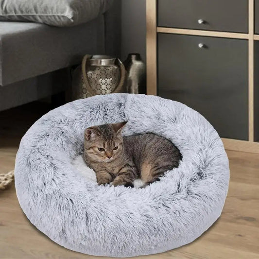 Large-60cm light-grey PawfectFriend Dog Pet Cat Calming Bed Plush Beds Large Fluffy Donut Comfy Cushion Puppy Mat - Mega Pet Store