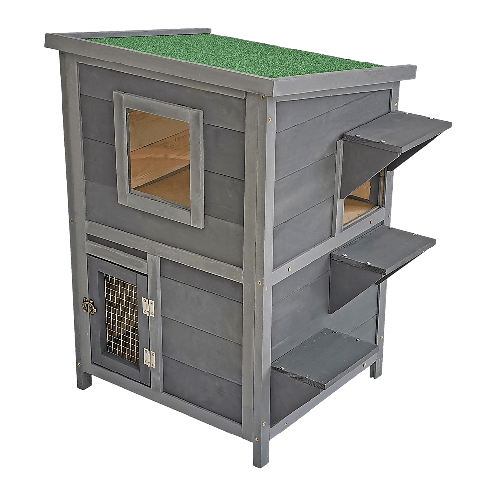 Cat House Weatherproof 2-Story Indoor Outdoor Wooden Shelter Bitumen Roof - Mega Pet Store