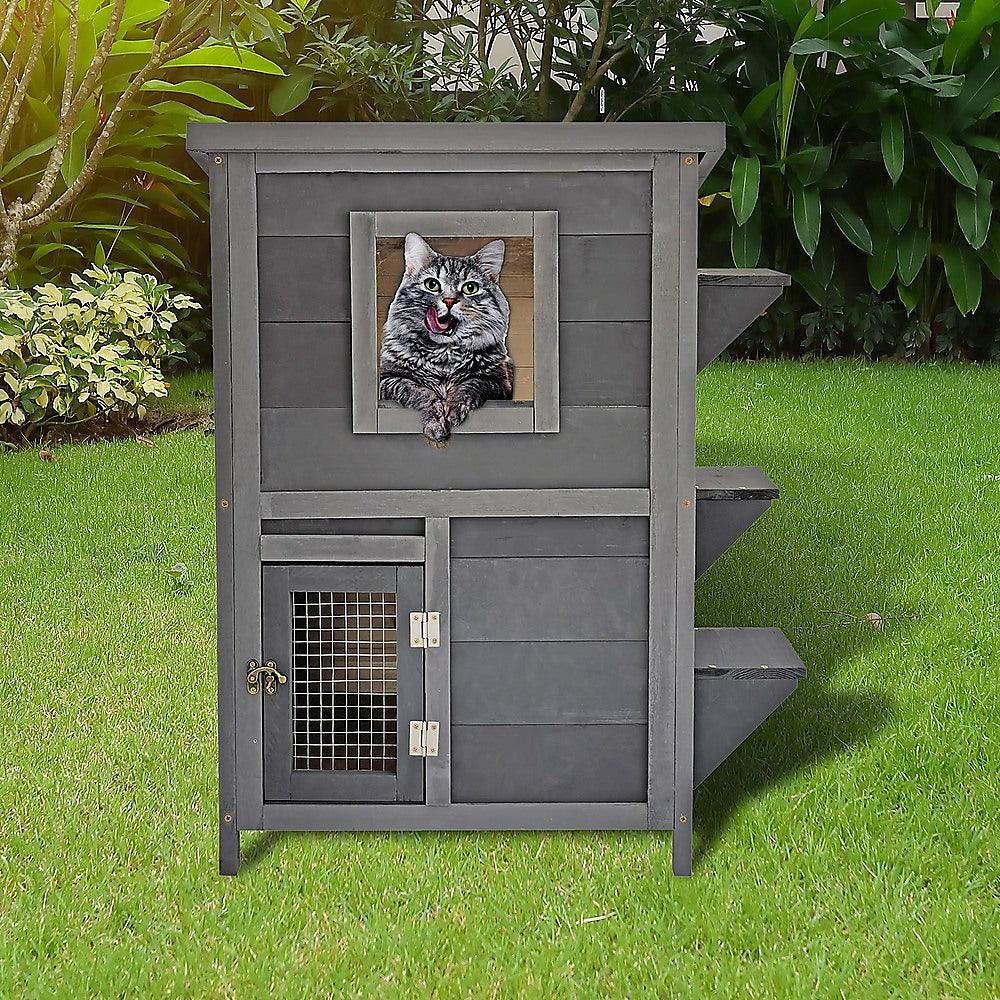 Cat House Weatherproof 2-Story Indoor Outdoor Wooden Shelter Bitumen Roof - Mega Pet Store