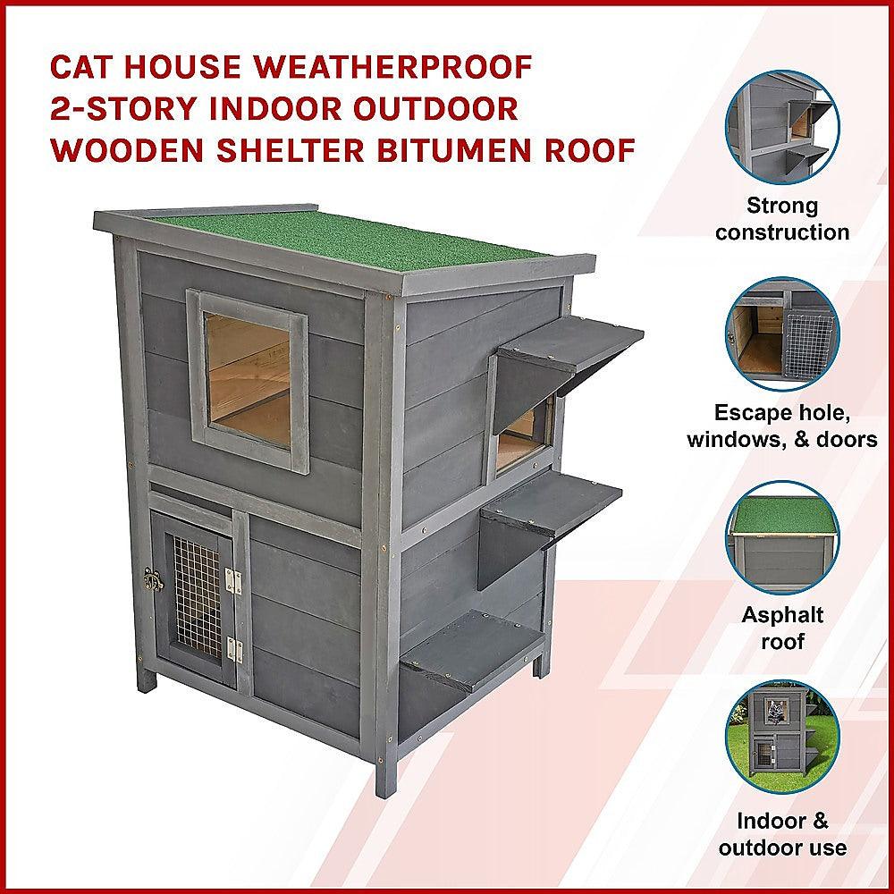 Cat House Weatherproof 2-Story Indoor Outdoor Wooden Shelter Bitumen Roof - Mega Pet Store