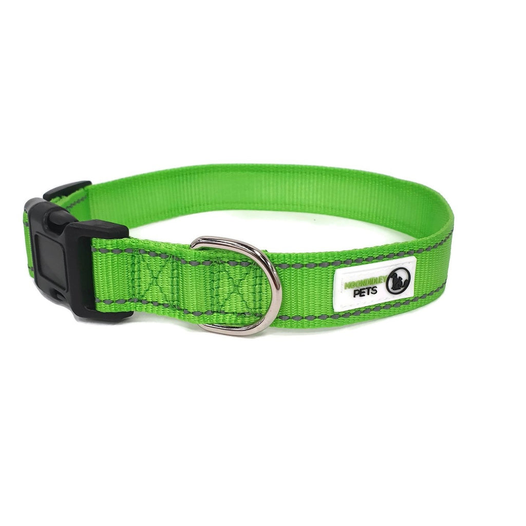 Nylon w/Reflective Stitching Dog Collar Medium Green - Moondidley Pets