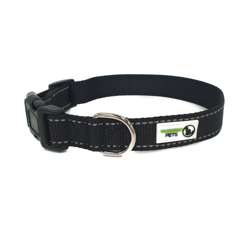 Nylon w/Reflective Stitching Dog Collar Small Black - Moondidley Pets