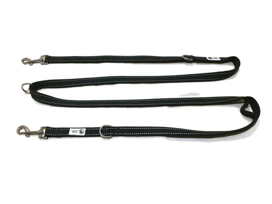 Multi Dog Lead - Nylon w/Reflective Stitching - Double Clip ,Coupler, Waist Belt, Short/Long, Quicktie - Moondidley Pets 20mm Black - Mega Pet Store