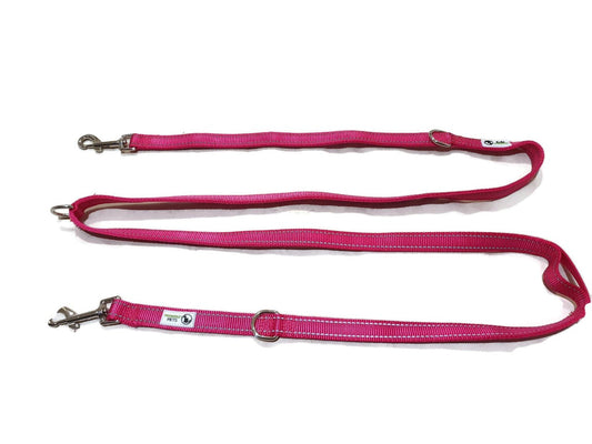 Multi Dog Lead - Nylon w/Reflective Stitching - Double Clip ,Coupler, Waist Belt, Short/Long, Quicktie - Moondidley Pets 20mm Pink