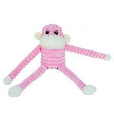 Zippy Paws Spencer the Crinkle Monkey Plush Squeaker Dog Toy- Pink