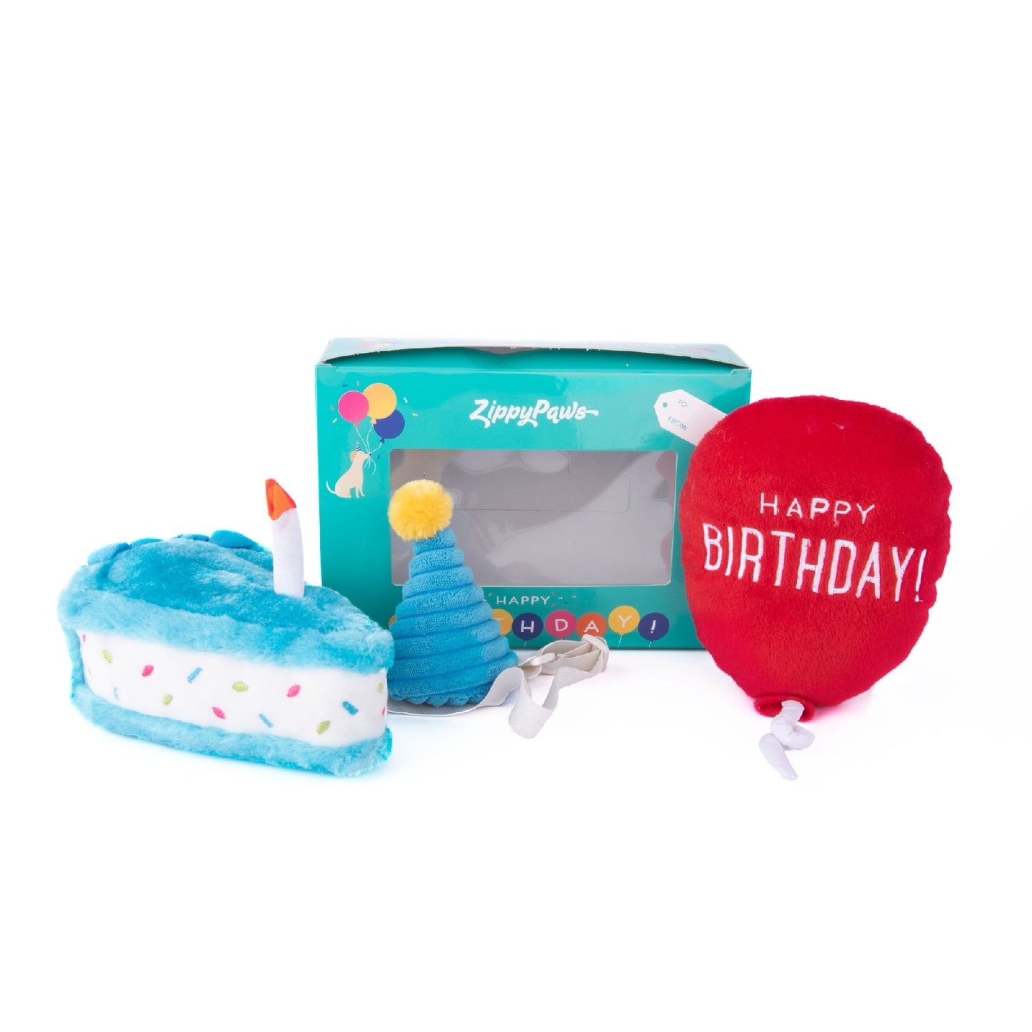 Zippy Paws Birthday Box with Cake, Balloon & Party Hat